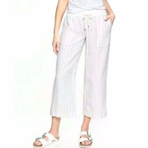 Athleta Women's Bali White Striped 100% Linen‎ Pants Elastic Waist